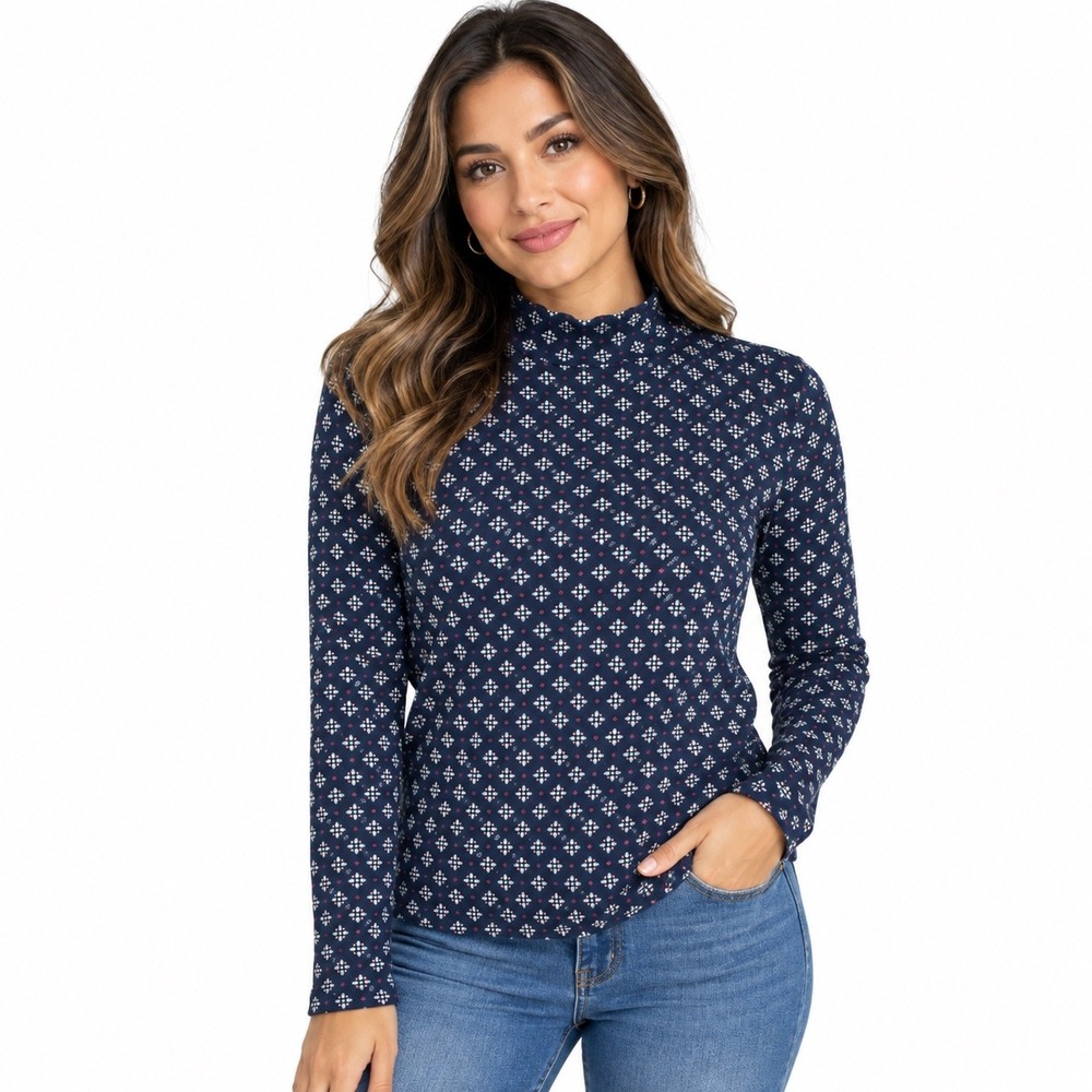 Croft & Barrow Womens Large Navy Blue Floral Mockneck Tee Long Sleeve Cotton Top